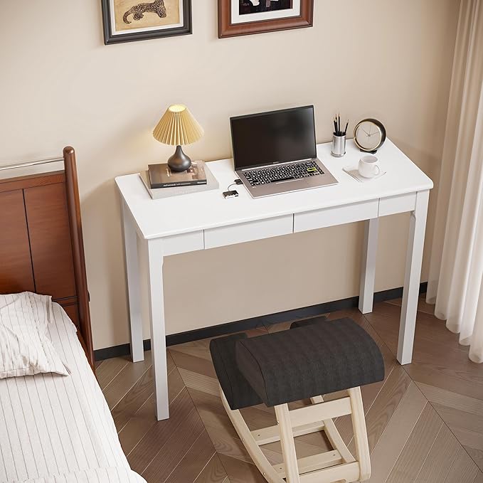 Solid Wood Desk with Drawers - 39 x 16 Inch Narrow Desks, Mid Century Modern Desks, Rubber Wood Study Table, Small Writing Desk for Small Spaces|Bedroom - White