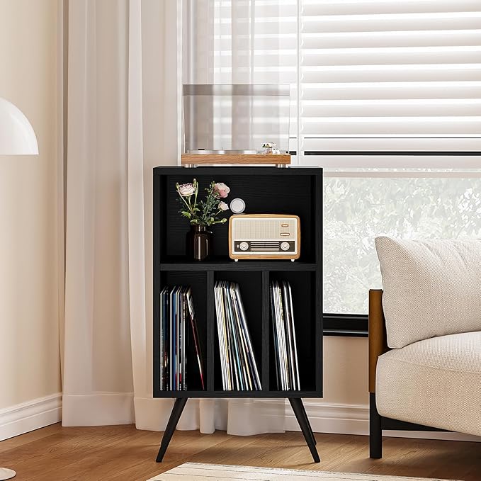 Record Player Stand,Vinyl Record Storage Cabinet with Vinyl Storage Holds Up to 200 Albums for Bedroom Living Room Playroom,Black