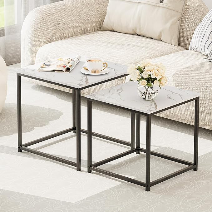 Garden 4 you Coffee Table Set of 2, Modern Faux Marble Nesting Table, Metal Frame Square Center Table Set, Side Tables, Nesting Coffee Table for Living Room, Bedroom and Small Spaces, 19.7in Black
