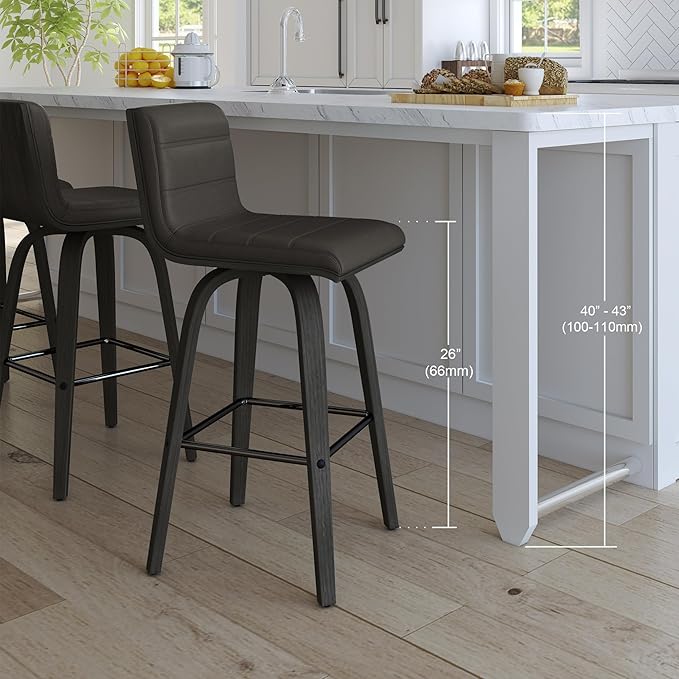 Armen Living Vienna 26" Swivel Counter Stool in Black Wood Finish with Gray Faux Leather - Set of 3