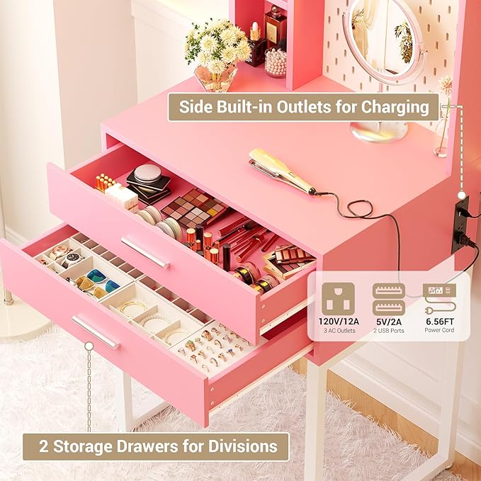 Small Vanity Desk with Hutch and Drawers, Pink Makeup Vanity Desk with Outlets, Vanity Table Dressing Table with LED Lights, Vanity Desks No Mirror with Pegboard for Girls Women, 24"