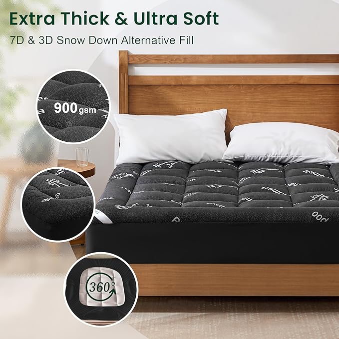 Love's cabin King Size Mattress Topper, Rayon Derived from Bamboo, 900 GSM Breathable Mattress Topper Pad, Thick Pillow Top Mattress Pad with 8"-20" Deep Pocket(78"x80"), Black