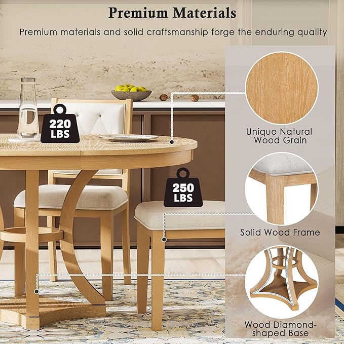 Ball & Cast Retro Dining Table Set for 4 with 4 Upholstered Chairs,5-Piece Wooden Living Room Furniture W/ 42" Round Extendable Kitchen Desk,for Small Space,Apartment,Dining Room,Natural
