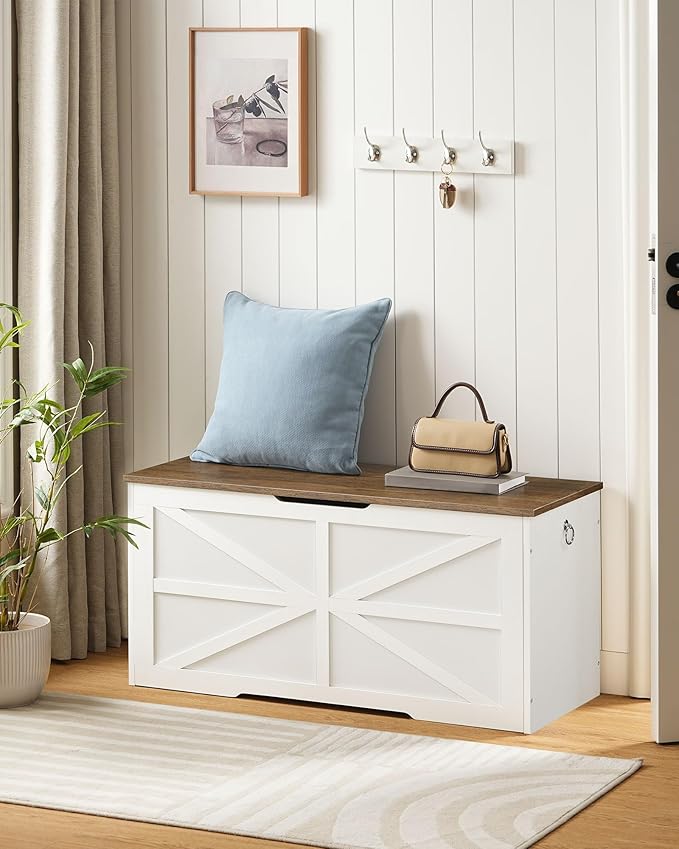Storage Chest, 39.4" Wooden Storage Trunk, Modern Storage Bench with Safety Hinge, Toy Box, Farmhouse Style, for Bedroom, Living Room, Walnut and White MCW10WL