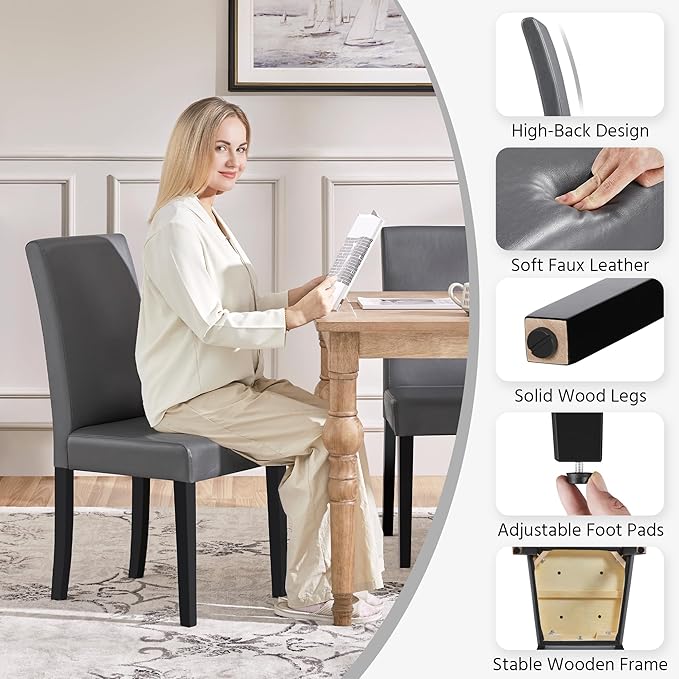 Yaheetech Dining Chairs Set of 4 PU Leather Upholstered Parsons Dining Chairs with Solid Wood Legs for Kitchen/Living Room/Restaurant, Modern Style, Gray