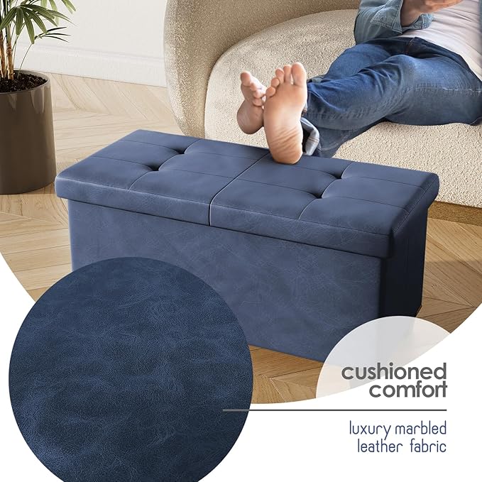 STORAGEBUD Storage Ottoman Bench with Bins, 30-in Storage Bench for Bedroom End of Bed, Folding Foot Rest Ottoman for Living Room Max 660lbs, Faux Leather Ottomans, Blue