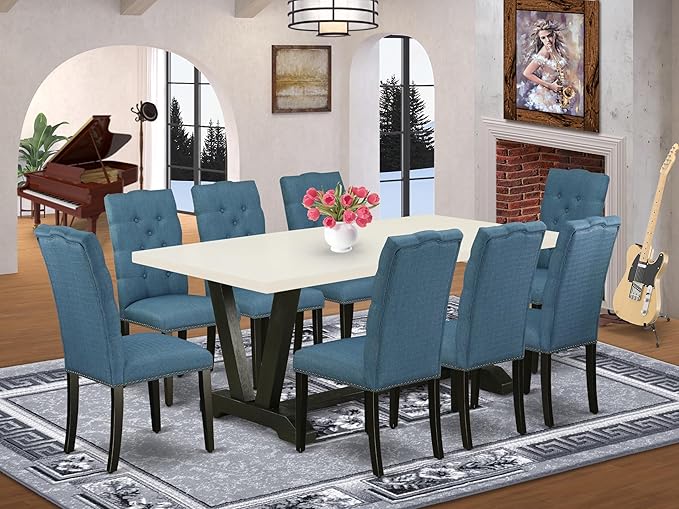 East West Furniture V627EL121-9 9 Piece Dining Table Set Includes a Rectangle Dining Room Table with V-Legs and 8 Blue Linen Fabric Upholstered Parson Chairs, 40x72 Inch, Multi-Color