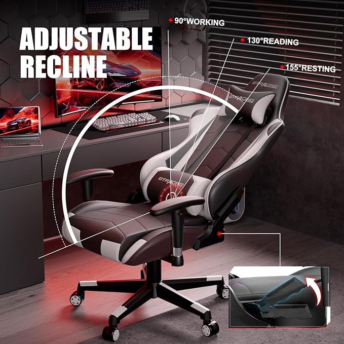 GTRACING Gaming Chair Racing Office Computer Ergonomic Video Game Chair Backrest and Seat Height Adjustable Swivel Recliner with Headrest and Lumbar Pillow Esports Chair (White)