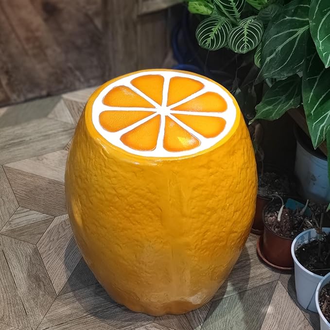 18" Orange Shaped Fruit-Inspired Side Table Orange Statue Indoor Outdoor Accent Seat Plant Stand MGO Garden Stool for Patio Balcony or Living Room Decor