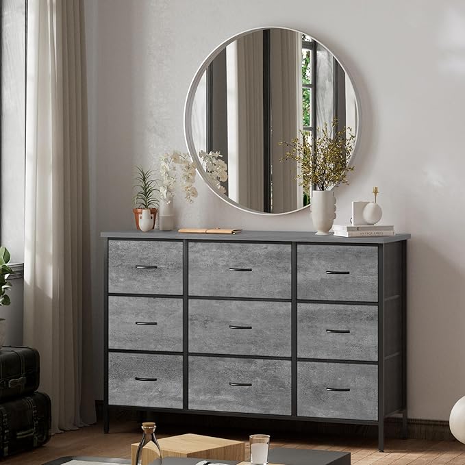 Dresser for Bedroom with 9 Deep Drawers, Wide TV Stand Modern TV Console, Fabric Storage Cabinet, Chest of Drawers for Closet, Nursery (Gray)