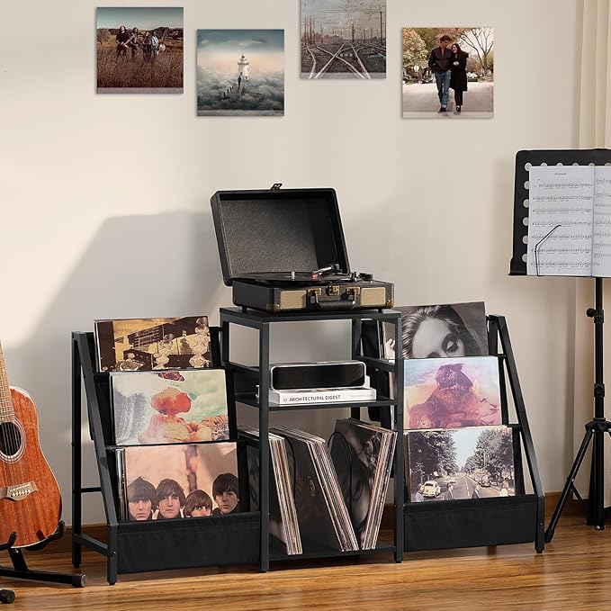 LELELINKY Black End Table,Record Player Stand with Vinyl Storage,3 Tier Side Table with Display Shelf Storage Up to 180 Albums, Large Record Holder for for Media Stereo Speaker, Amplifiers, Magazines