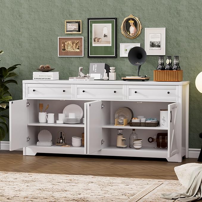 66'' Farmhouse Sideboard Buffet Cabinet with Storage, Large Kitchen Storage Cabinet with Barn Doors Drawers, White Coffee Bar Table for Dining Room Kitchen