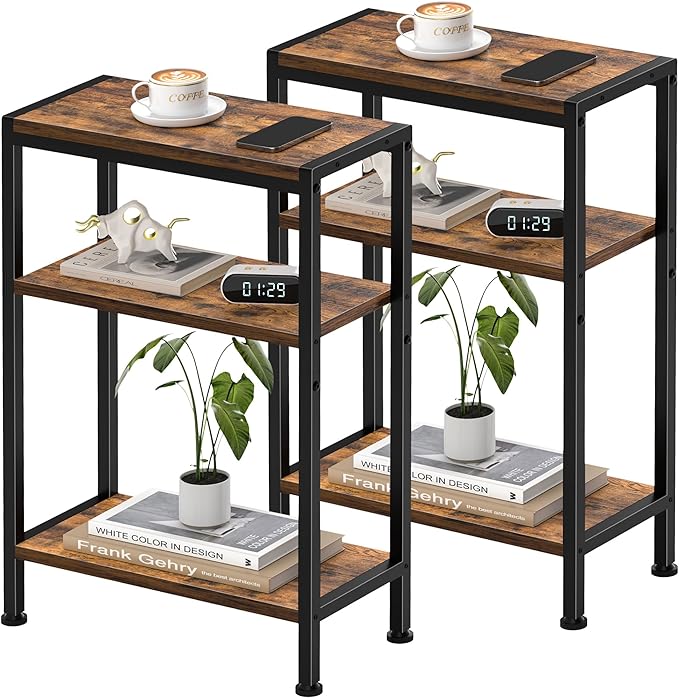 Narrow Side Table for Small Space Set of 2, 3-Tier Small End Table with Shelf Holder, Slim Nightstand, Skinny Snack Couch Table in Living Room, Bedroom, Study, Kitchen and Balcony（Rustic Brown