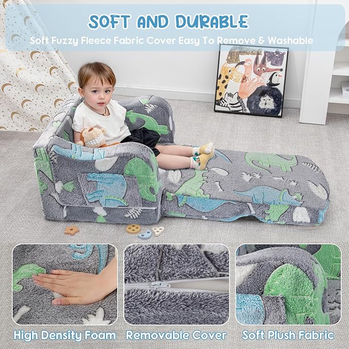 Comfy Toddler Chair and Couch for Kids with Blanket,2-in-1 Soft Plush Fold Out Toddler Couch for Girls and Boys,Convertible Sofa to Lounger for Playroom,Gray Dinosaur