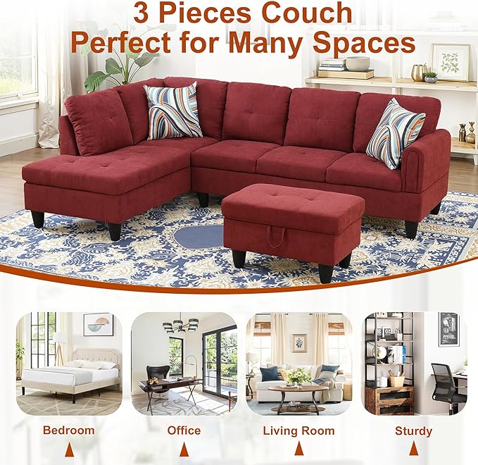 Osparple L Shaped Couch Sectional Couches for Living Room Upholstered Fluffy Fabric 3 Pieces Modular Sectional Sofa with Chaise, Ottoman with Storage for Living Room and Small Apartment, Red