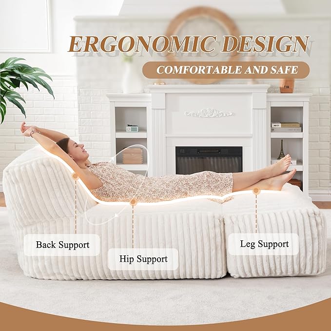 Hobestluk Big Bean Bag Lounger Chairs Large Beanbag Chair for Adults Bean Bag Sofa with Memory Foam Filled for Living Room, Bedroom or Balcony (Stripe White)