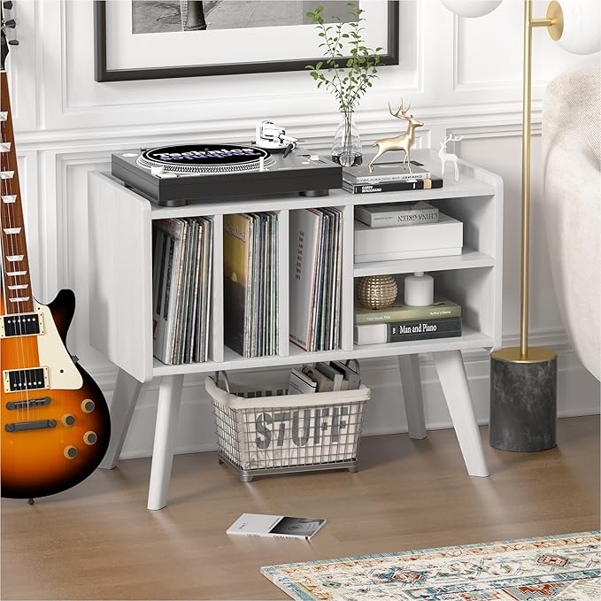 Forevich Record Player Stand Table with Vinyl Storage Holder Large Turntable Record Stand with Power Outlet Holds Up to 220 Albums Display Shelf Cabinet with Wood Legs for Living Room White