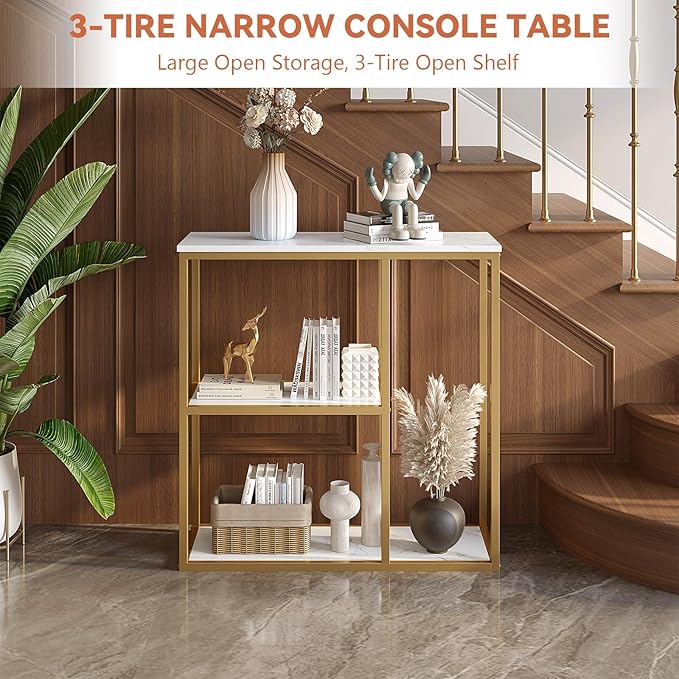 WOHOMO Console Table, Small Entryway Table with Storage Shelves 12'' Narrow Sofa Table Modern Hallway Table for Living Room 31.5" x12''x31.5'' White and Gold
