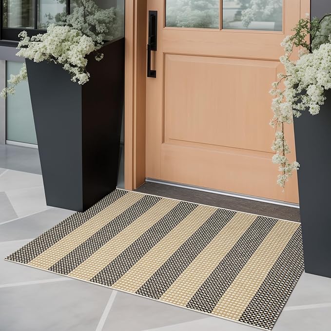 OJIA Fall Front Door Mat Outside Entrance 24"x35" Tan Halloween Doormat Front Door Rug Washable Porch Rugs Woven Striped Outdoor Rugs Entryway Rugs Indoor Small Area Rug for Kitchen Entry Bathroom
