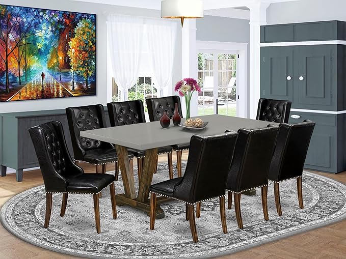 East West Furniture V797FO749-9 9 Piece Dining Room Set Includes a Rectangle Kitchen Table with V-Legs and 8 Black Faux Leather Upholstered Parson Chairs, 40x72 Inch, Multi-Color