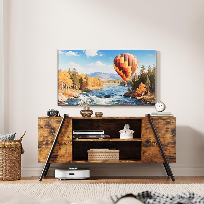 Garvee 47 Inch TV Stand with Slanted Metal Legs, Industrial Media Console with Adjustable Open Shelves, Wooden Entertainment Center Television Stand for Living Room, Bedroom, Orange Oak