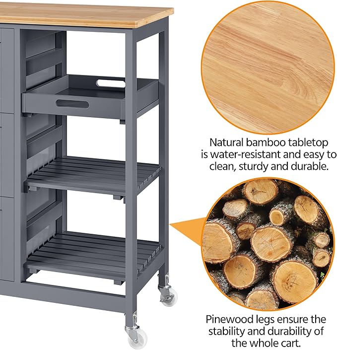 Yaheetech Kitchen Island Cart on Wheels with Storage, Rolling Bar Cart with Solid Wood Top and 3 Drawers, 3 Removable Shelves, Serving Utility Carts for Dining Room/Small Kitchen, Dark Gray