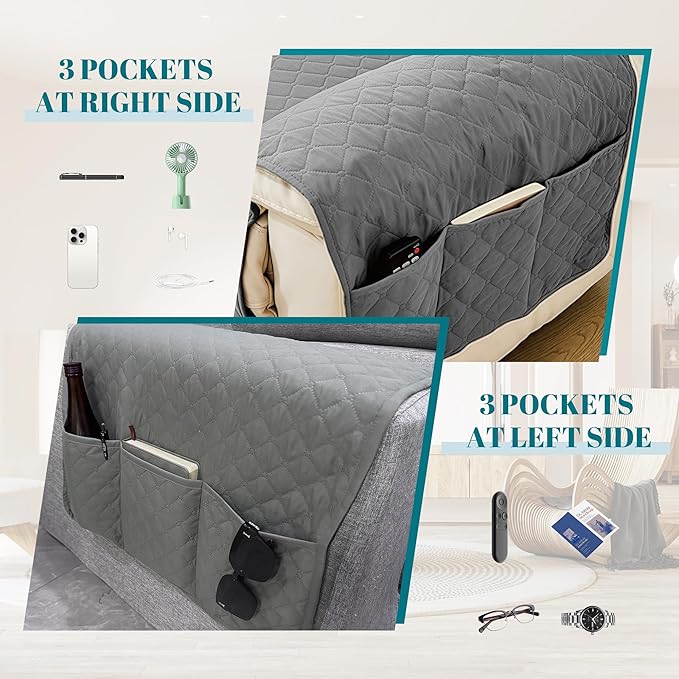 MEHIDFY Sofa Seat Arm Cover, Waterproof Couch Armrest Protector, Anti-Slip Sofa Cover, Remote Holder for Armchair, Dual Side Recliner Caddy with 3 Pockets for TV Remote, Phone, Pad, Pen, Book(Grey)