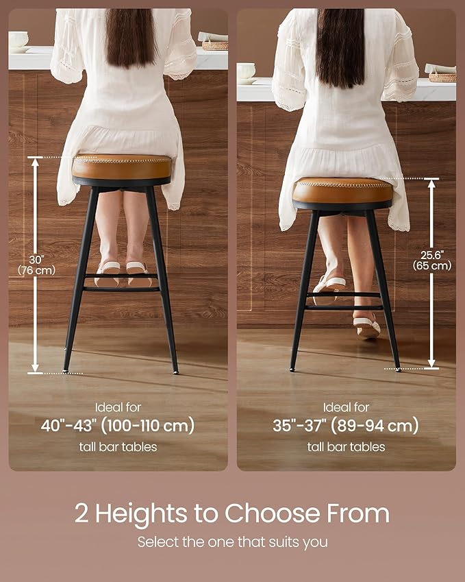 VASAGLE EKHO Collection - Swivel Bar Stools Set of 2, Counter Height Backless Bar Stools, Synthetic Leather with Stitching, Mid-Century Modern, 25.6-Inch Tall Kitchen Barstools for Home, Caramel Brown