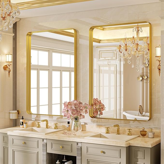 Bathroom Mirror 24x32 inch, Gold Gorgeous Deep Frame Wall Mirror, Modern Round Corner Bathroom Vanity Mirror for Bedroom, Living Room, Hanging or Leaning Horizontal or Vertical, Gold