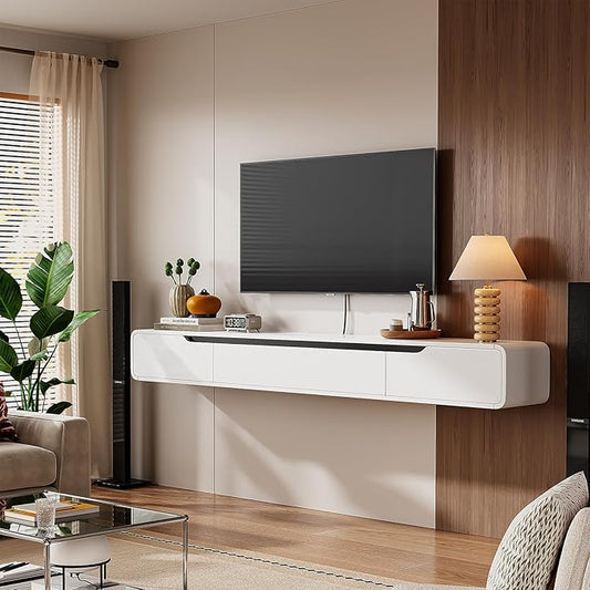 Fully-Assembled Floating TV Stand with Drawers, 55IN High Gloss Wall Mounted Entertainment Center, Modern Media Console with Storage, Under TV Shelf for Bedroom Living Room White