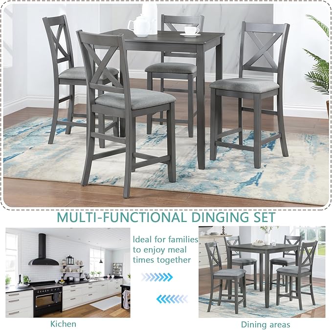 KEIKI 5-Piece Counter Height Dining Table Set with Square Table and 4 Upholstered X-Shaped Backrset Chair, for 4 Person, Modern Style Wooden Table Set, Easy Assembly, for Kitchen, Dining Room, Gray