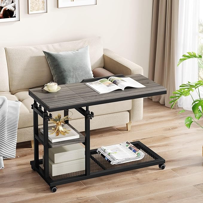 Tribesigns Height Adjustable C Table with Wheels, Mobile Couch Snack Side Table with Tiltable Drawing Board, Sofa Bedside Laptop Stand C Shaped TV Tray with Storage Shelves (Grey)