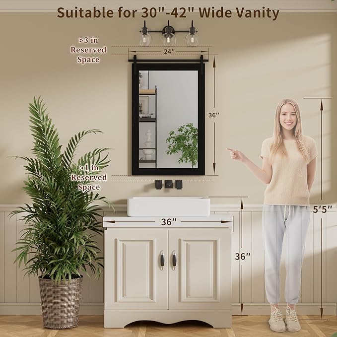 Black Farmhouse Mirror - 24x36INCH Wood Framed Square Bathroom Mirror for Vanity, Barn Door Style Wall Mounted Dresser Decor Living Room Bedroom Vertical