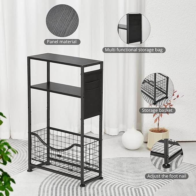 Narrow Side Table, Skinny Small End Tables with Magazine Holder, 3 Tier Small Sofa Side Table for Smalls Spaces, Sofa Couch Tables Bedside Table for Living Room Bedroom Office
