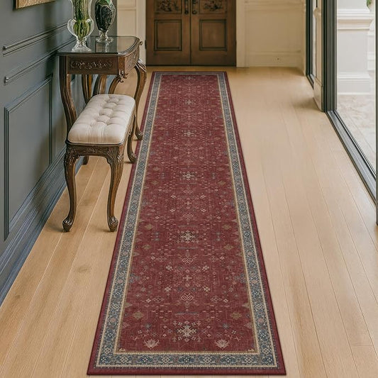 Non Slip 10ft Long Hallway Runner Rug Burgundy - 2 x 10 Runner Rug, Washable & Waterproof 2x10 Kitchen Floor Mat - Oriental Turkish Dark Red Design Décor