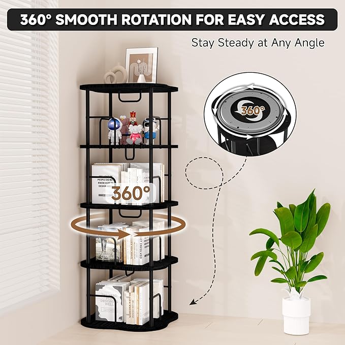 4-Tier Rotating Book Shelf, 360° Display Spinning Bookshelf Tower, Book Organizer, Floor Standing Bookcases for Small Space, Corner Book Shelf for Bedroom, Living Room, Study Room (Black)
