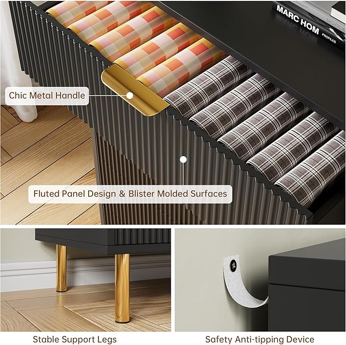 GarveeHome Black Dresser, Modern 6 Drawer Dresser for Bedroom with Gold Handle and Large Drawer, Wood Double Chest of Drawers and Storage Organizer for Living Room, Hallway, Entryway