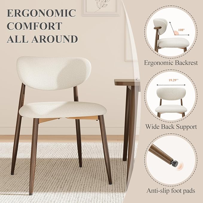 Dining Chairs Set of 2, Ergonomic Fabric Upholstered Seating with Wood Look Metal Legs and Anti Slip Pads, for Home and Restaurant Use, Beige