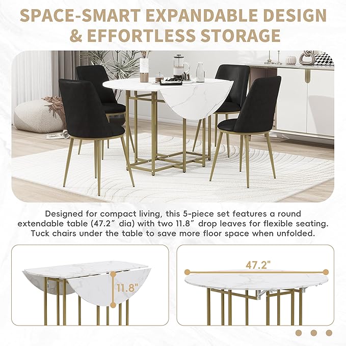 Merax 47.2” Round Dining Table Set for 4, Foldable Kitchen Dining Table with 11.8” Drop Leaves, Faux Marble Top with Golden Frame, 4 Upholstered Chairs (White+Black)