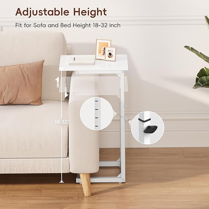 Vagusicc C Shaped End Table, 33" Tall Couch Table Adjustable Height Side Table, Sofa Table That Slide Under, C Table End Table TV Tray Coffee Arm Table for Living Room, Bedroom, Small Spaces, White