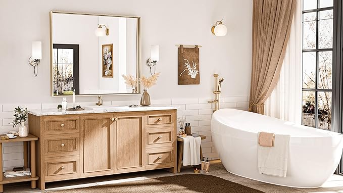 Keonjinn Brushed Gold Bathroom Mirror 42 x 36 Inch Metal Frame Rectangular Large Wall Mirror for Bathroom Sink Gold Vanity Mirror for Over Sink Aluminum Alloy Rectangle Mirror(Horizontal/Vertical)