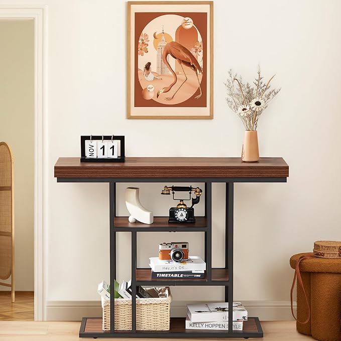 HABUTWAY 42" Industrial Entryway Table, Narrow 4-Tier Wood Console Table for Living Room, Accent Tables Living Room, Sofa Table for Front Door, Hallway, Foyer, Rustic Brown