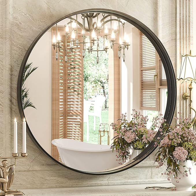 Keonjinn Black Round Mirror 24 Inch, Brushed Black Framed Circle Mirror for Bathroom, Aluminum Alloy Metal Frame, Modern Farmhouse Decorative Wall Mirror for Entryway, Living Room