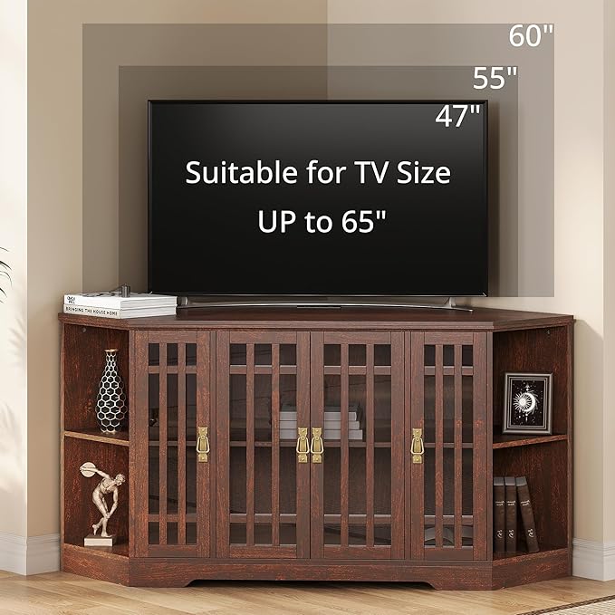 IRONCK Corner TV Stand for TVs up to 60 Inch with Power Outlet, Corner Entertainment Center with Storage Cabinet and Glass Doors, Mid Century Modern TV Stand for Living Room, Bedroom, Red Walnut