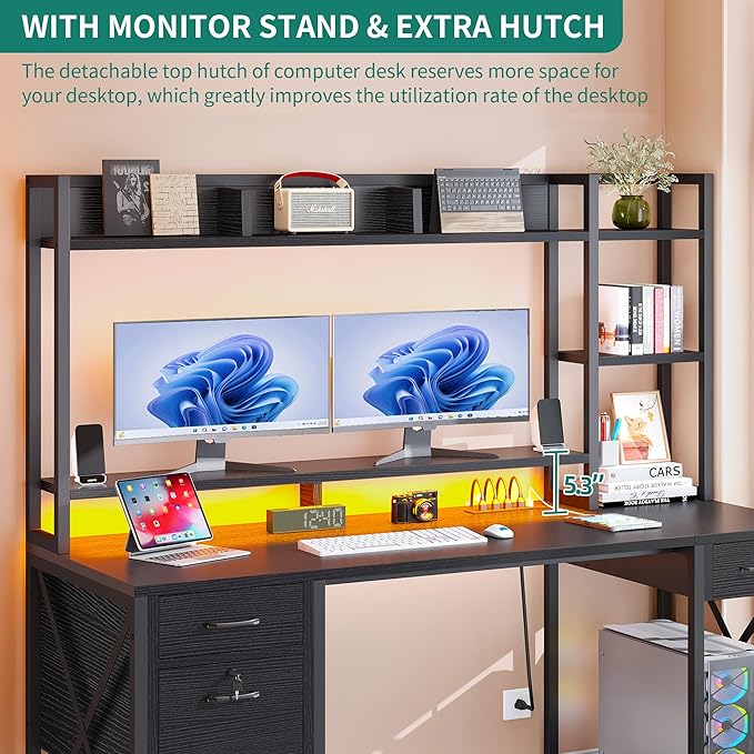 DWVO Computer Desk with Drawers & Hutch, 59.1" Office Desk with Power Outlets & LED Lights, Home Office Desk with Storage Shelves, Black
