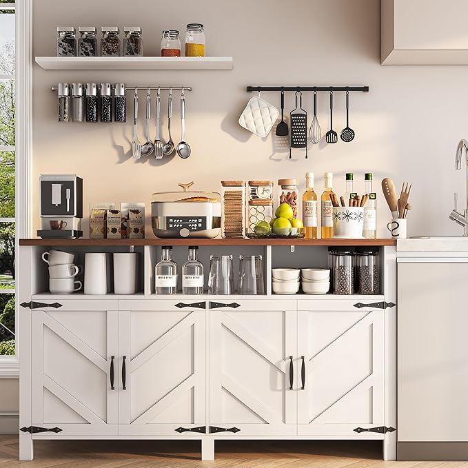 Buffet Sideboard with Storage Farmhouse with 4 Doors, 55'' Large Kitchen Storage Cabinet Wood Coffee Bar Cabinet Buffet Table with Shelves for Kitchen, Dining Room, Entryway