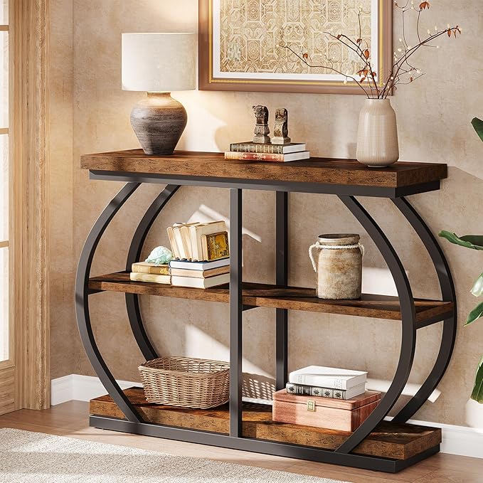 Tribesigns 41.3" Console Table, Industrial 3-Tier Entryway Table with Arched Metal Frame and Storage Shelves for Living Room, Hallway, Rustic Brown