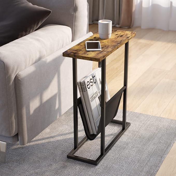 Yusong Small Narrow Side Table for Small Spaces, 17.7" W Slim End Table Magazine Table Nightstand with Storage Holder, Accent Skinny Snack Couch Bedside Table, Rustic Brown, Complete Iron Pipes