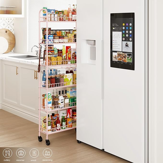 6-Tier Slim Storage Cart, Rolling Kitchen Cart with Wheels, Narrow Metal Shelf Organizer with Hooks for Kitchen, Bathroom, Living Room, Laundry, Small Spaces (Pink, 6 in)