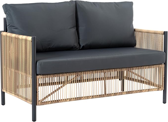 Outdoor Wicker 2 Seater Sofa Set with Cushion and Coffee Table,Loveseat Patio Conversation Set W/Metal Frame,Removable Cover & Rattan Design,Waterproof & Easy Assembly for Backyard,Patio,Gray